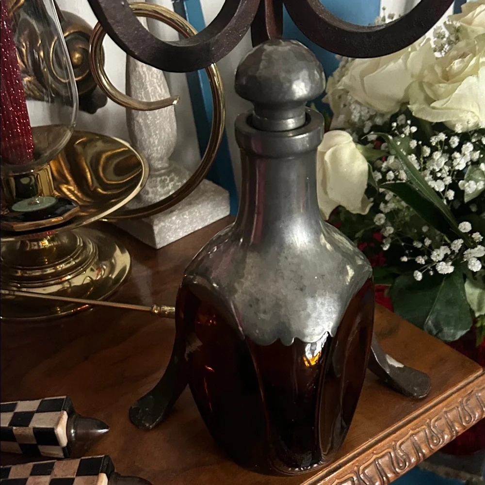 Vintage Royal Holland Daalderop Hammered Pewter & Amber Glass Decanter
